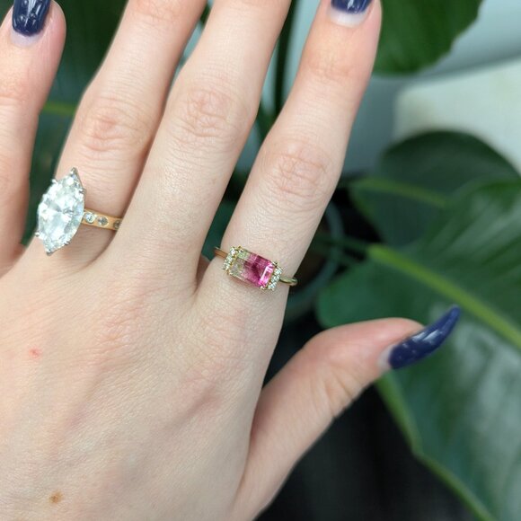 1.68cts Bi-Color Tourmaline Ring in Solid 14K Gold with Natural Diamond Accents - Picture 3 of 11